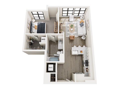 Floor plan for 1 bed, 1 bath, 707 sqft